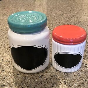 White Ceramic Canister Set with Teal and Coral Lids